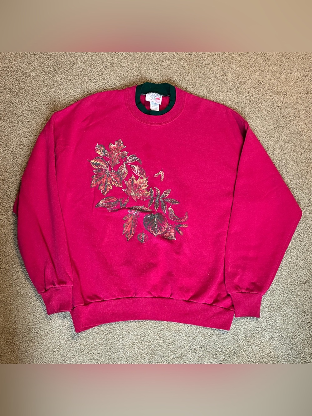Morning Sun XL Bright Burgundy Floral Crewneck Sweatshirt Fall Festive Leaves